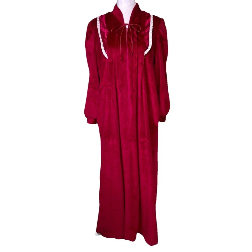 Women’s 80s Prairie Red Velvet Cottagecore Boho Victorian Maxi Nightgown Sz Med